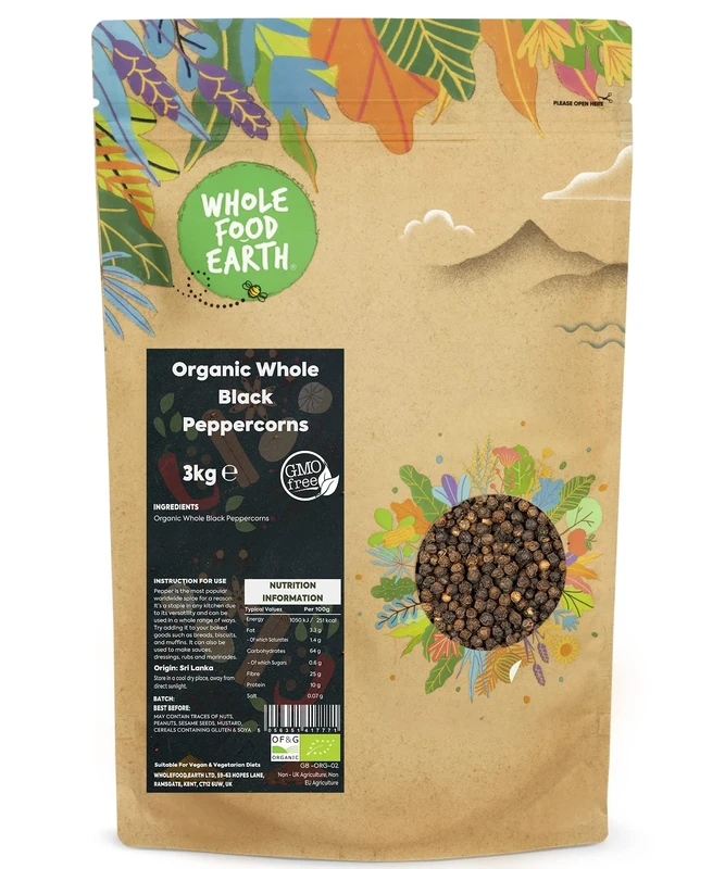 Wholefood Earth Organic Whole Black Peppercorns 3 kg | GMO Free | Certified Organic