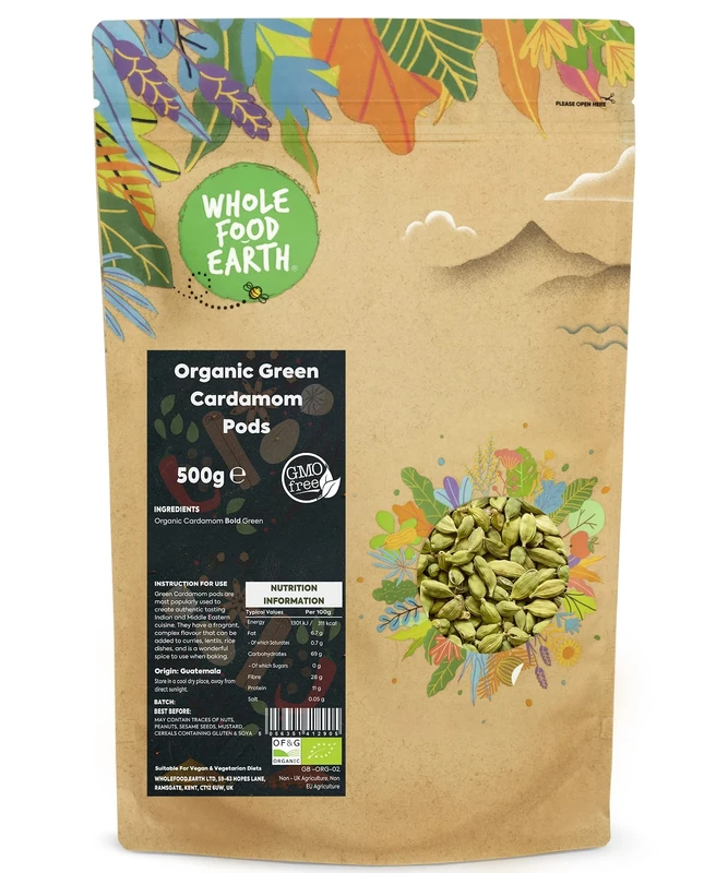 Wholefood Earth Organic Green Cardamom Pods 500 g | GMO Free | Certified Organic - Image 1