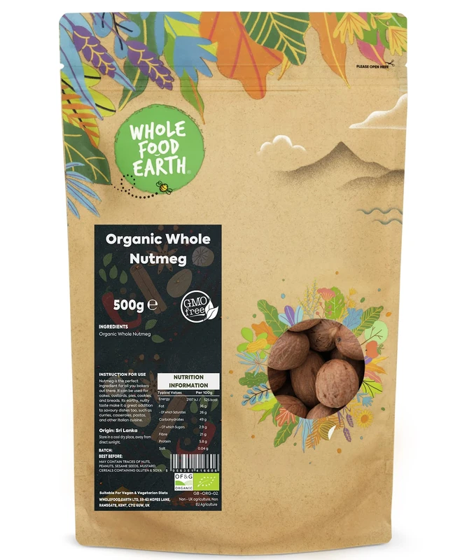 Wholefood Earth Organic Whole Nutmeg 500 g, GMO Free, Certified Premium Spice