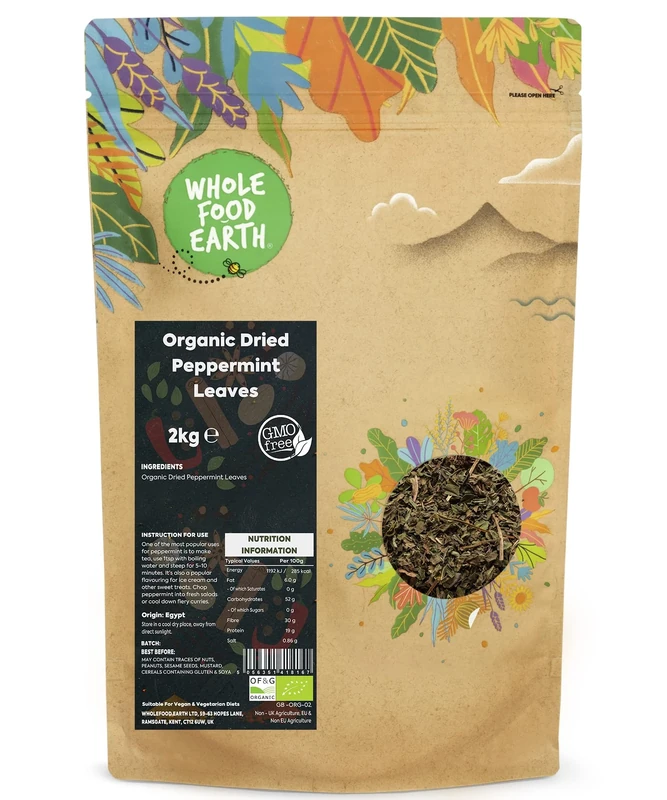 Wholefood Earth Organic Dried Peppermint Leaves 2 kg | GMO Free | Certified Organic