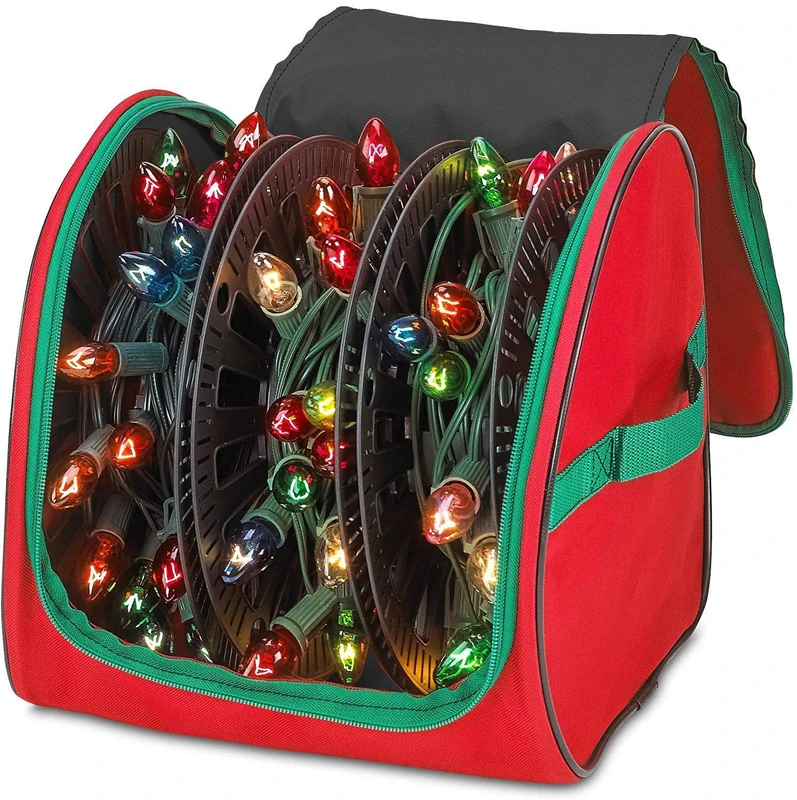 Premium Christmas Light Storage Bag – Heavy Duty Tear Proof 600D/Inside PVC Material with Reinforced Handles - With 3 Reels Stores up to 375 Ft of Mini Christmas Tree Lights & Extension Cords - Red - Image 1