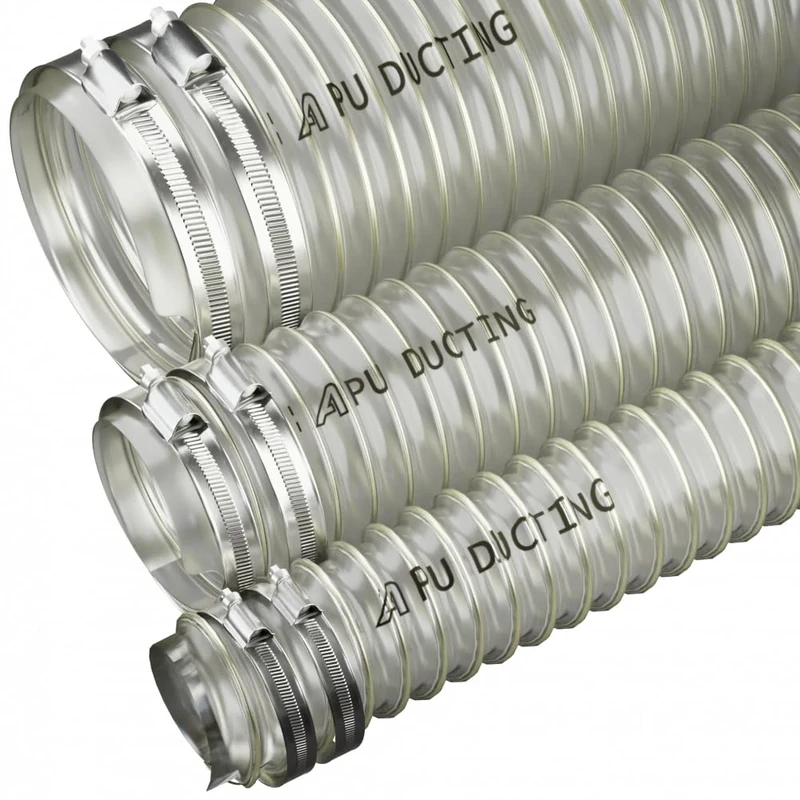 65mm Diameter Flexible Polyurethane Ducting Dust & Fume Extraction, Woodworking + Hose Clips - 5 Metre