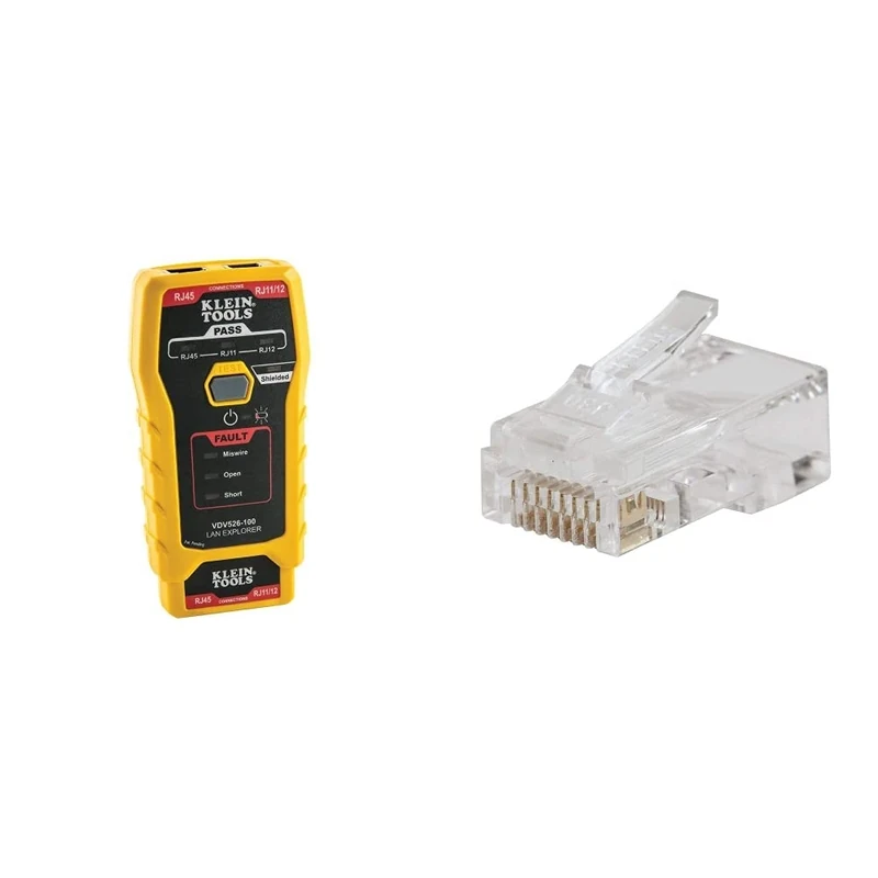 Network LAN Cable Tester, VDV Tester, LAN Explorer with Remote Klein Tools VDV526-100 & Pass-Thru Modular Data Plug, RJ45 CAT6, Pass Through Connectors 50-Pack, VDV826-703