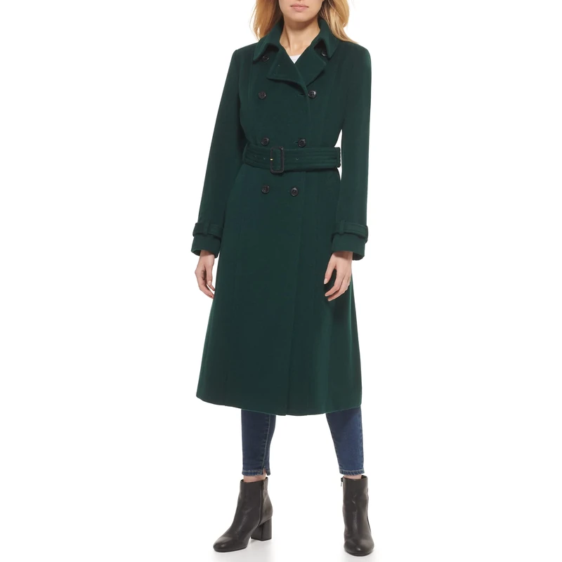 Cole Haan Women's Flared Trench Slick Wool Coat, Forest, 12