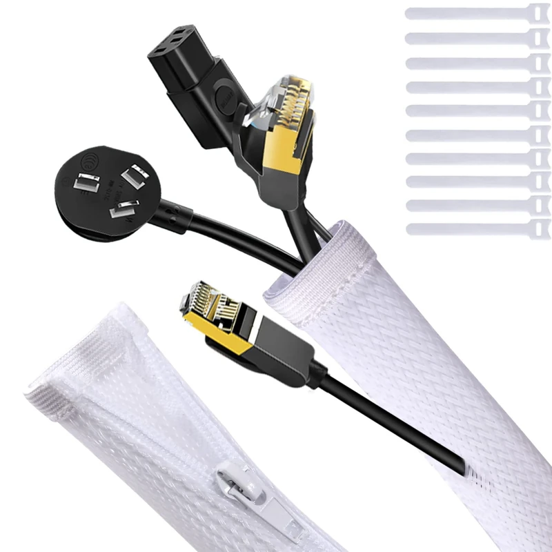 UPXDUMI Cable Tidy Zip Sleeve for PC/TV, 20mm - 2m Desk Cable Management Organisers, Wire Tidy Loom Tube Cord Wrap Protector with 10pcs Reusable Cable Ties for Home, Office, 100cm*2pcs White