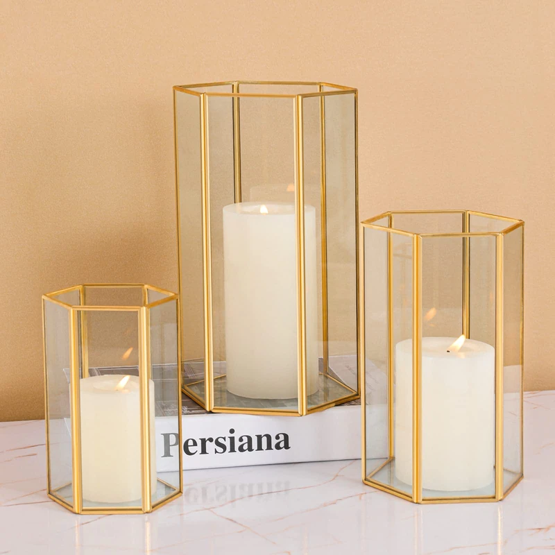 Glass Hurricane Candle Holder, Set of 3 Large Clear Hexagon Lanterns Pillar Candle Lantern with Gold Metal Frame Wedding Centerpiece Table Decor Home Decorations