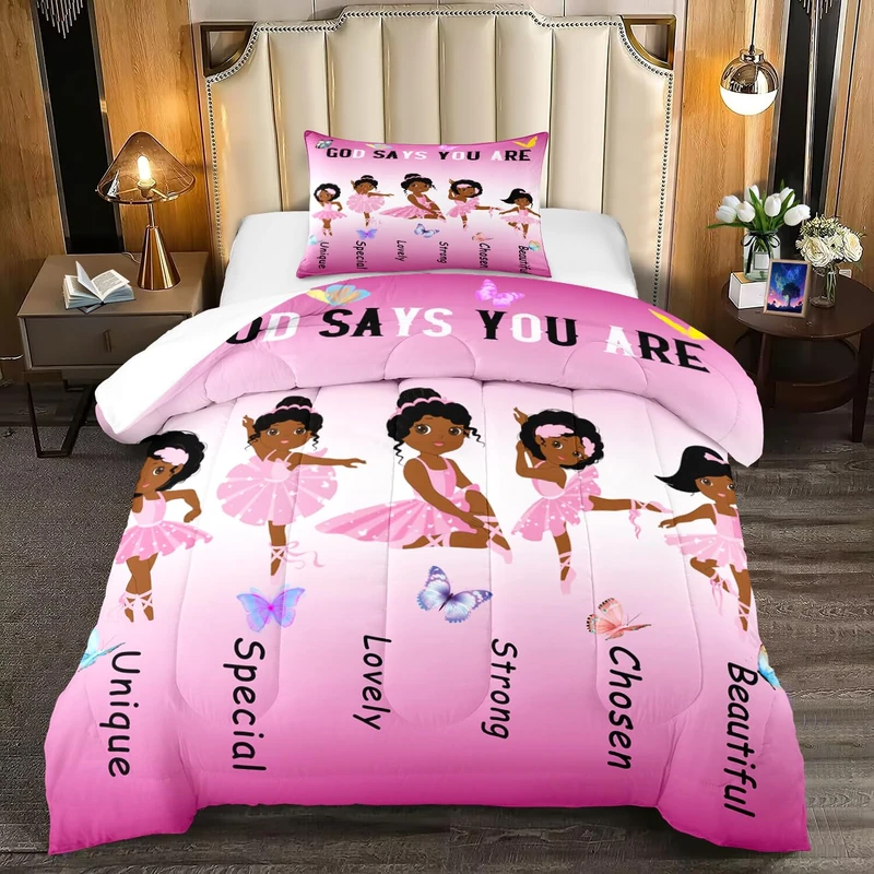 BATATADOCE African American Ballerina Comforter Set Black Girls Bedding Set Ultra Soft Microfiber Breathable Pink Comforter Set for Princess Room Decor Twin with 1 Pillowcase