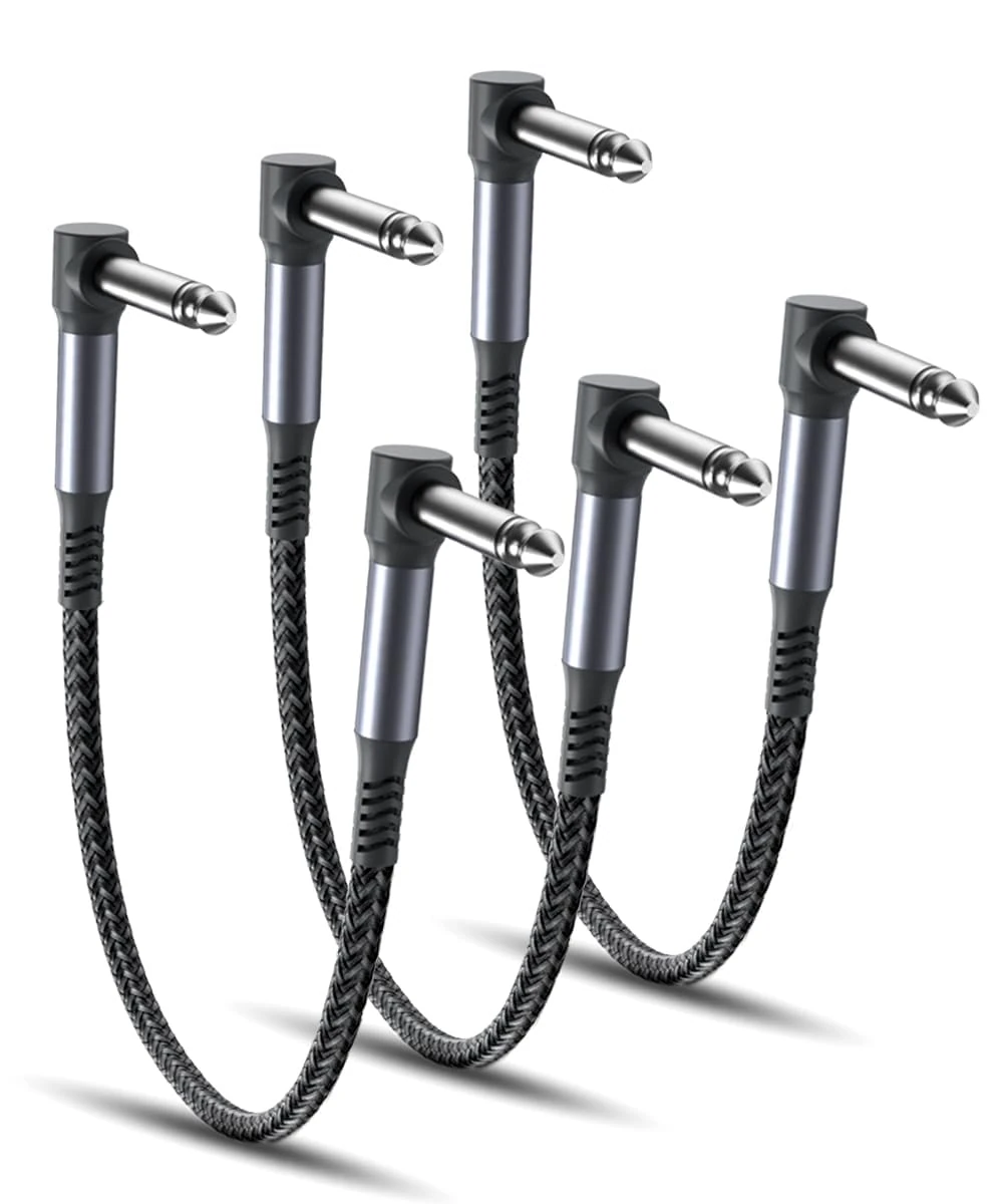 RUXELY Guitar Patch Cables 30CM 3-Pack,6.35MM Effects Pedal Board Cord,Nylon Braided 1/4" Right-Angle Instrument Audio Cable,Pedalboard Connector TS Copper Wire for Amp/Amplifier,Mixer,Electric Bass