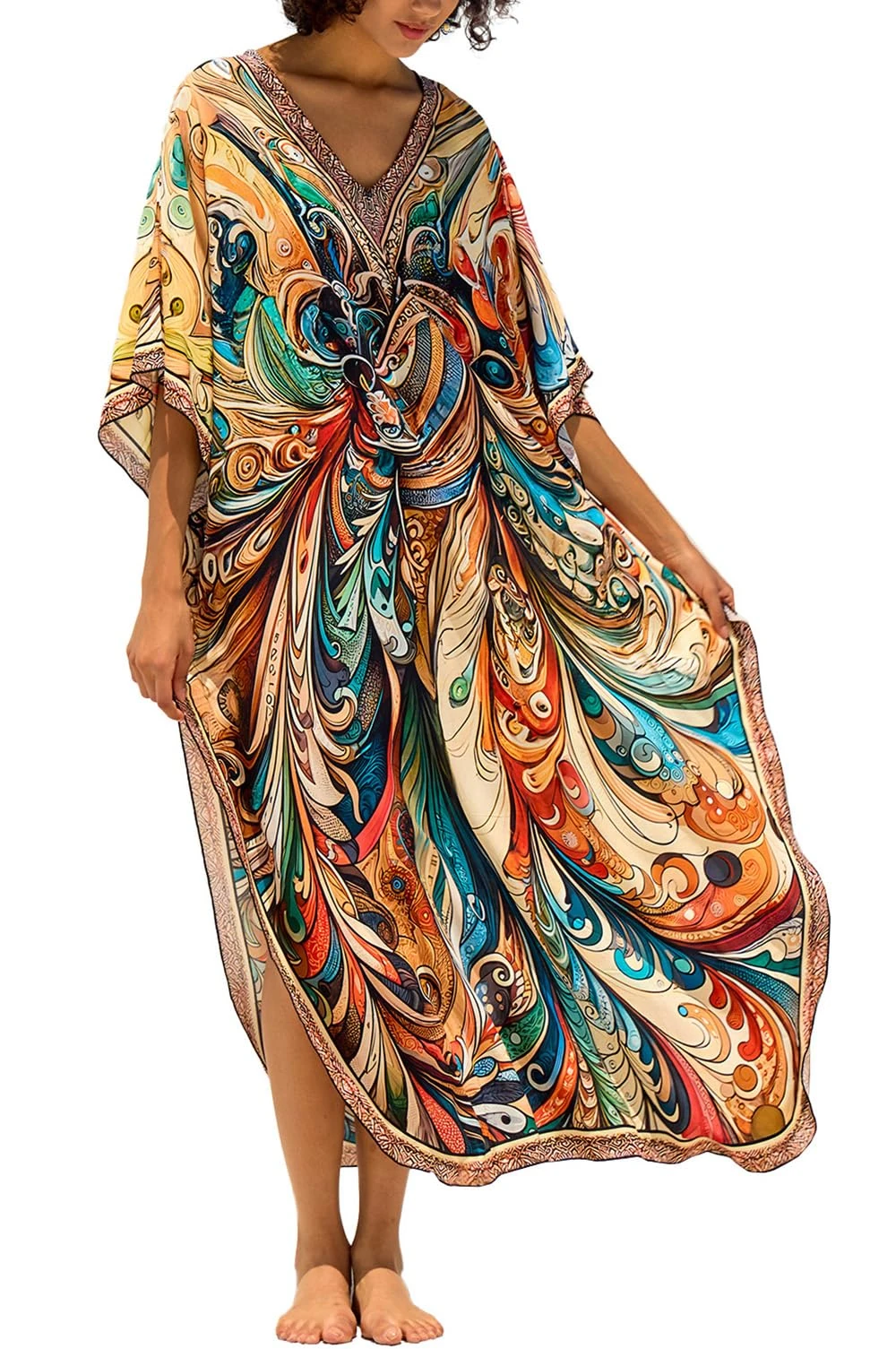 LikeJump Women Boho Long Maxi Kaftan Roomy Loungewear Oversized Beach Dress Cover Ups Robes