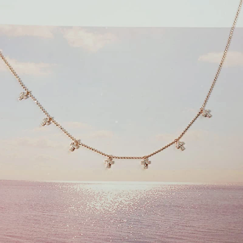 s925 Sterling Silver Sparkling Bead Chain Micro-set Zircon Cross Necklace