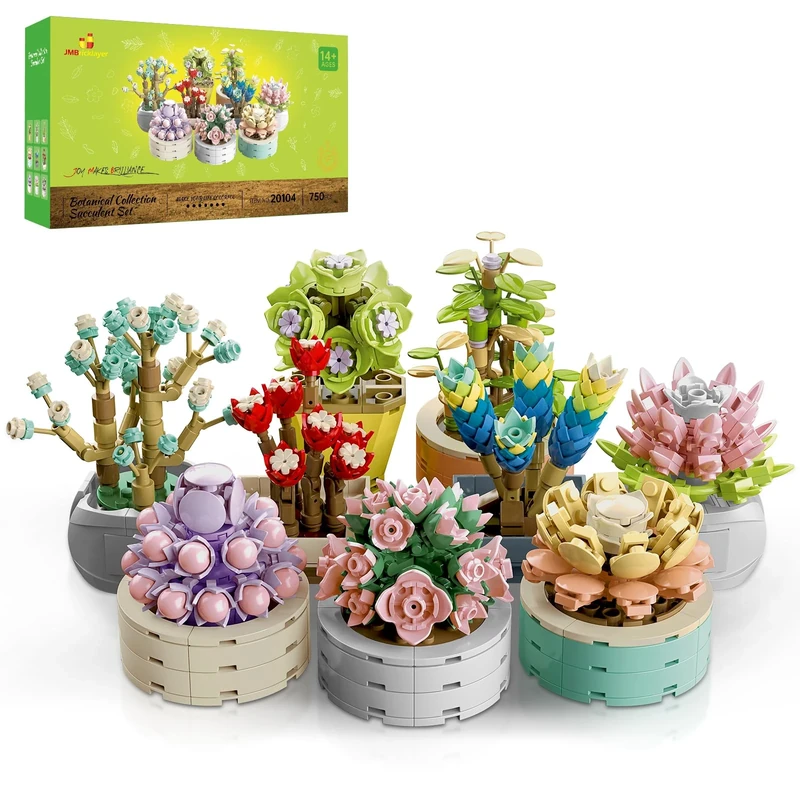 JMBricklayer Succulent Plants Building Blocks Sets for Adults, Flowers Office Room Decor Succulent Bonsai Toys, Botanical Collection Model Kits, Gifts for Women Men Her Him (750Pcs)