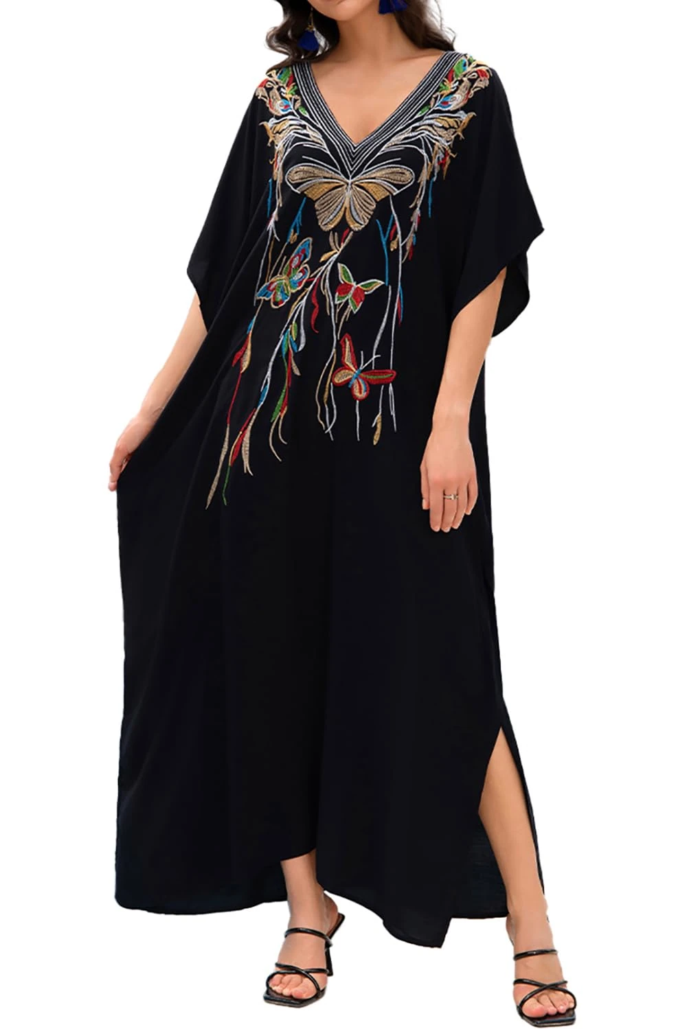 LikeJump Women's Cotton Embroidery Beach Maxi Dress Long Kimono Swim Suit Cover Ups Plus Size