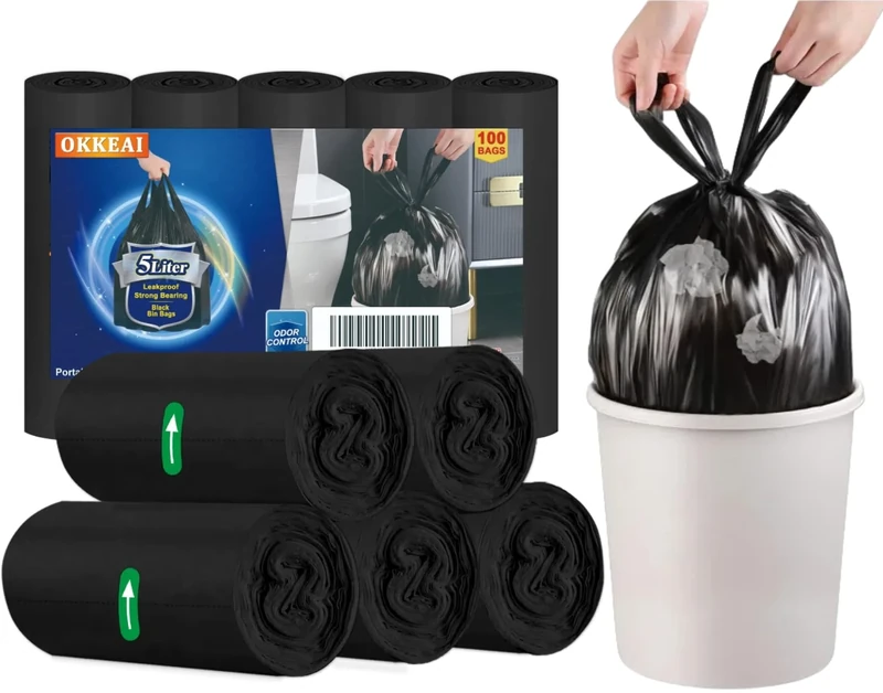 OKKEAI Small Bin Bags 5l Bin Liner Black Plastic Pedal Waste Bags with Tie Handle 100 Counts Mini Garbage Bag Toilet Trash Bags for Bathroom,Bedroom,Kitchen,Office,Fit 3,4,5,6l Rubbish Bin