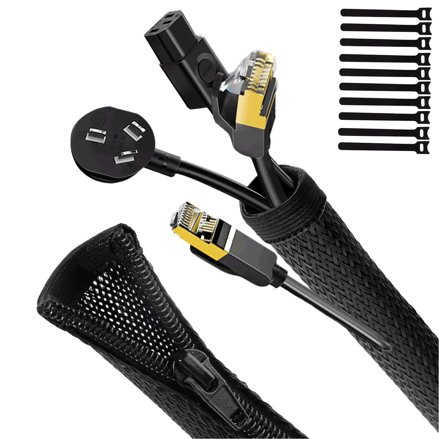 UPXDUMI 2pcs 1m Cable Tidy Zip Sleeve for PC/TV, Desk Management Organisers, Wire Tidy Loom Tube Cord Wrap Protector with 10pcs Reusable Cable Ties for Home, Office, Black