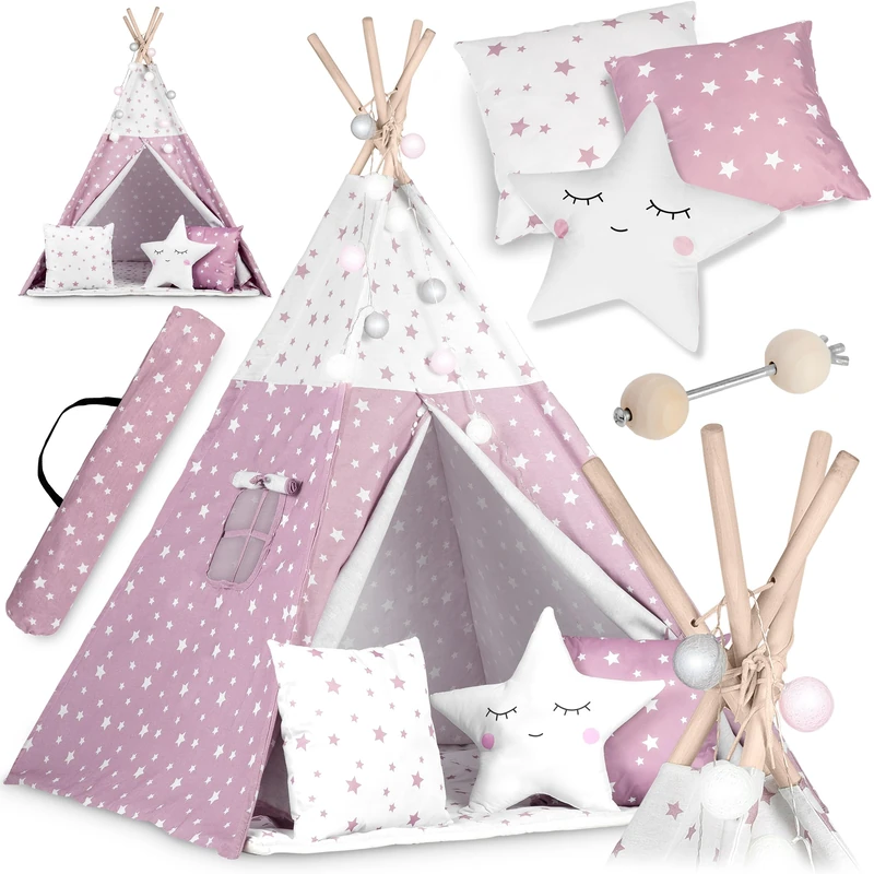 NUKIDO Montessori Style Children's Teepee Cotton and Wooden Frame with Insulation Mat 3 Cushions Garland Airy 120 x 120 x 165 cm Pink with Stars