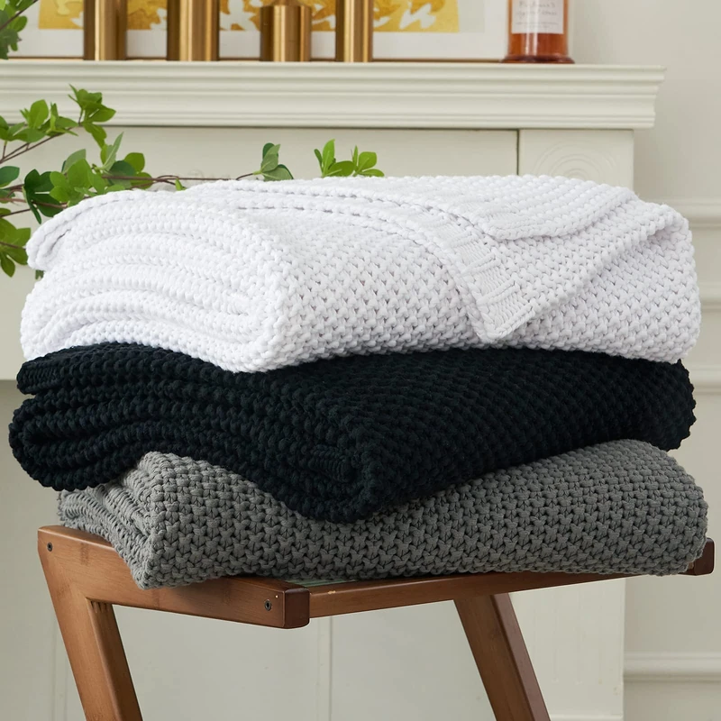 Longhui bedding Chunky Cable Knit Throw Blanket Lightweight Grey 100% Organic Cotton Blanket for Sofa Couch Bed Baby Nursery, Rustic Shabby Chic Modern Farmhouse, Gray 60” x 80” Give Laundering Bag