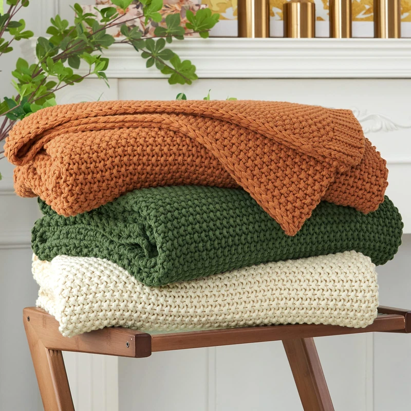 Chunky Cable Knit Throw Blanket Lightweight Burnt Orange 100% Organic Cotton Blanket for Sofa Couch Bed Baby Nursery, Rustic Shabby Chic Modern Farmhouse, 60” x 80” Give Laundering Bag