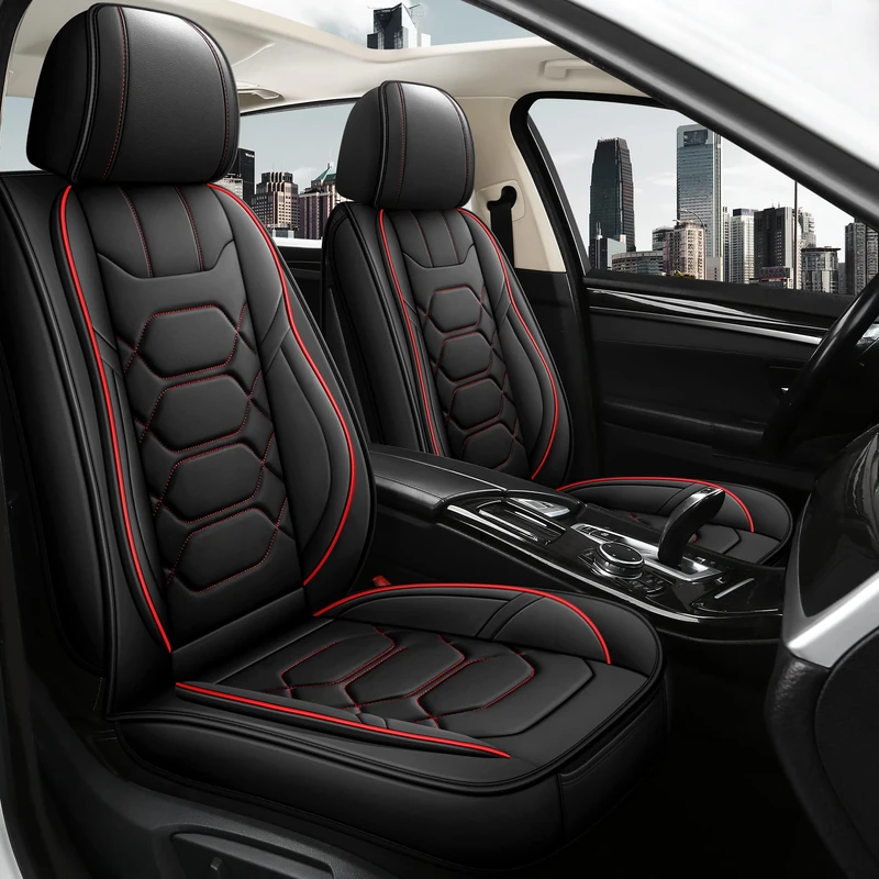 Pariitadin Leather Car Seat Covers Front Set, Waterproof Leatherette Automotive Vehicle Cushion Cover with Non-Slip Bottom, Universal Fit for Most Cars, Sedans, Vans, SUVs, Black/Red