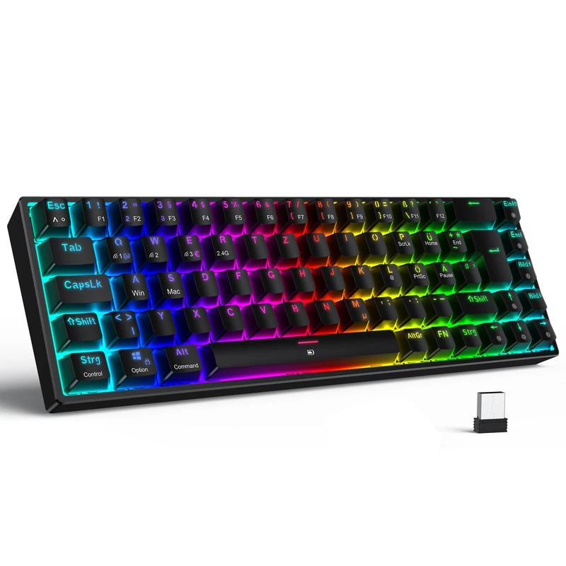 TECURS Wireless Gaming Keyboard Bluetooth Mechanical TKL Rechargeable RGB Wired QWERTZ Red Switch for PC Windows/Mac/PS5 Black