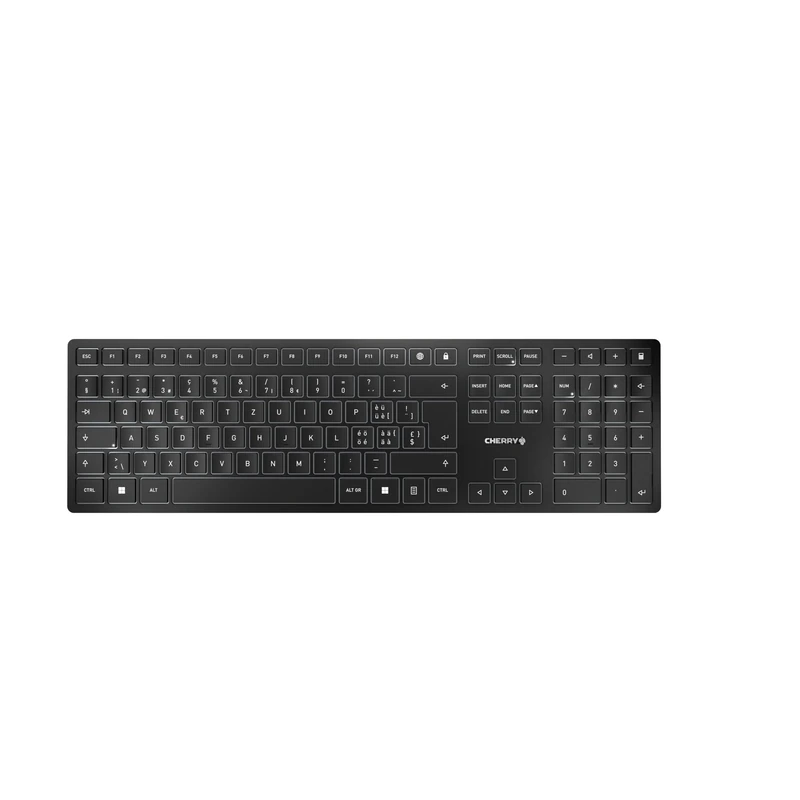 CHERRY KW 9100 SLIM, Wireless Design Keyboard, Swiss Layout (QWERTZ), Choice of Bluetooth or 2.4 GHz RF, Flat Keys, Rechargeable, Black-Grey