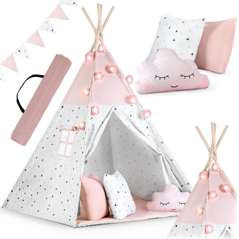 NUKIDO Montessori Style Children's Teepee Cotton and Wooden Frame with Insulating Mat 3 Cushions Garland Airy Pink