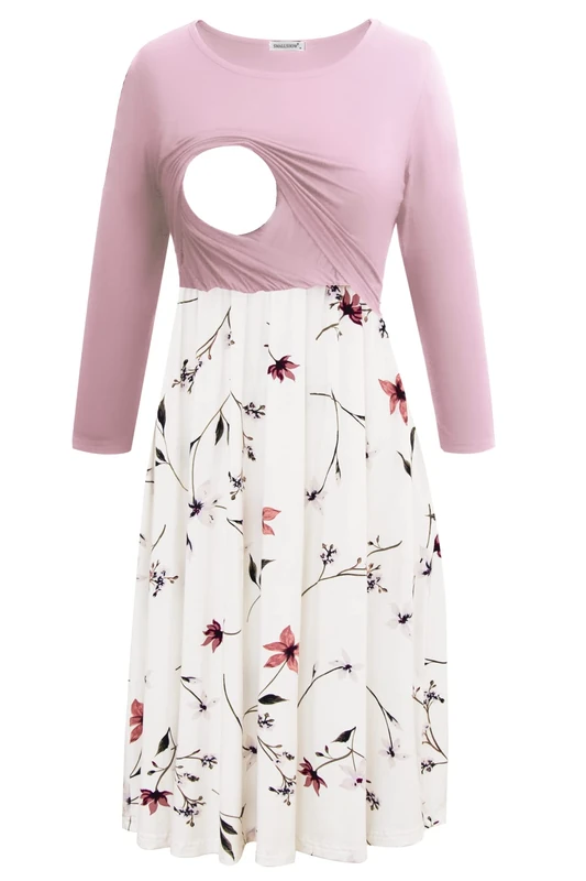 Smallshow Nursing Dresses 3/4 Sleeve Breastfeeding Dress for Women, Pink-svp033, M