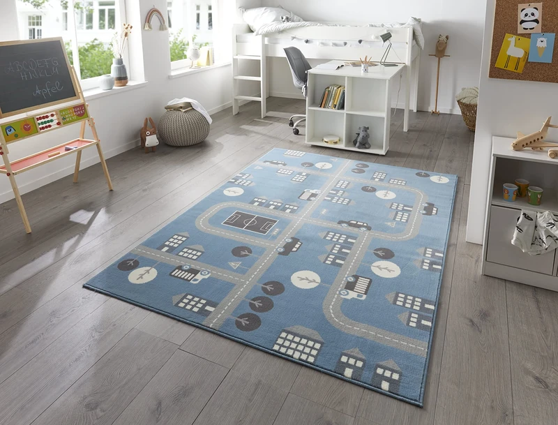 Hanse Home Town Children's Room Rug - Boys Girls Play Rug Short Pile Rug Modern Play Street Motif Soft Pile Easy Care - Sky Blue, 160 x 220 cm