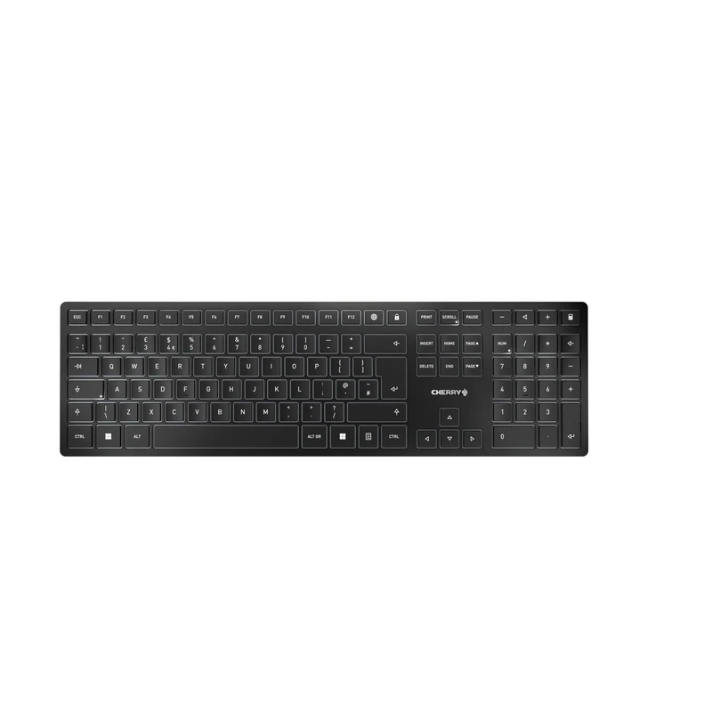CHERRY KW 9100 SLIM, Wireless Design Keyboard, UK Layout (QWERTY), Choice of Bluetooth or 2.4 GHz RF, Flat Keys, Rechargeable, Black-Grey