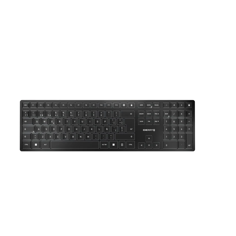 CHERRY KW 9100 SLIM, Wireless Design Keyboard, Spanish Layout (QWERTY), Choice of Bluetooth or 2.4 GHz RF, Flat Keys, Rechargeable, Black-Grey