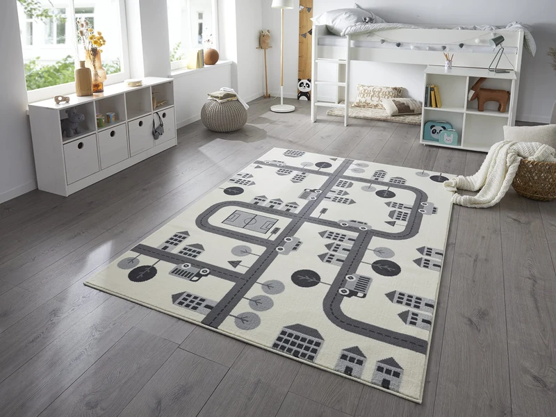 Hanse Home Town Children's Room Rug Short Pile Modern Play Street Motif Soft Pile Easy Care Cream 160 x 220 cm