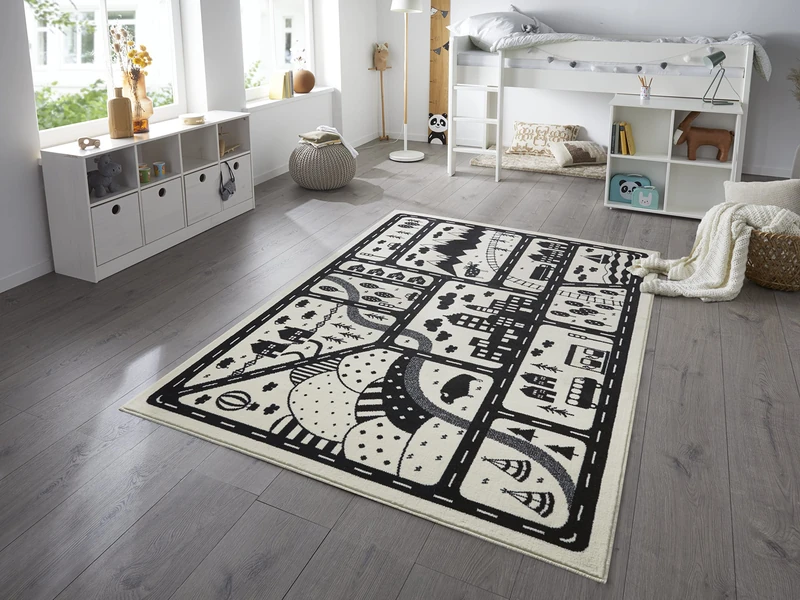 HANSE Home Children's Room Rug Landscapes - Boys Girls Play Mat Short Pile Rug Modern Play Street Motif Soft Pile Easy Care Cream 120 x 170 cm