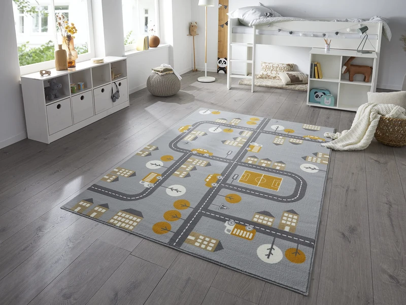 Hanse Home Town Children's Room Rug Short Pile Modern Play Street Motif Soft Pile Easy Care Mouse Mustard Yellow 120 x 170 cm