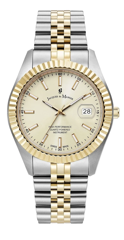 Jacques Du Manoir Unisex Inspiration Business Swiss Made Quartz Silver & Gold Plated Stainless Steel Bracelet Watch.