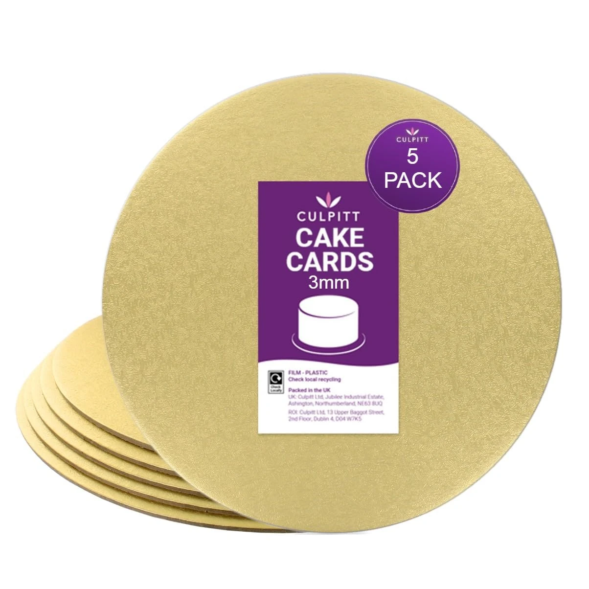 Culpitt 8" Double Thickness Cake Card, Pale Gold Boards, Cut Edge, 3mm Thick, 5 Pack - 8 Inch, 90275