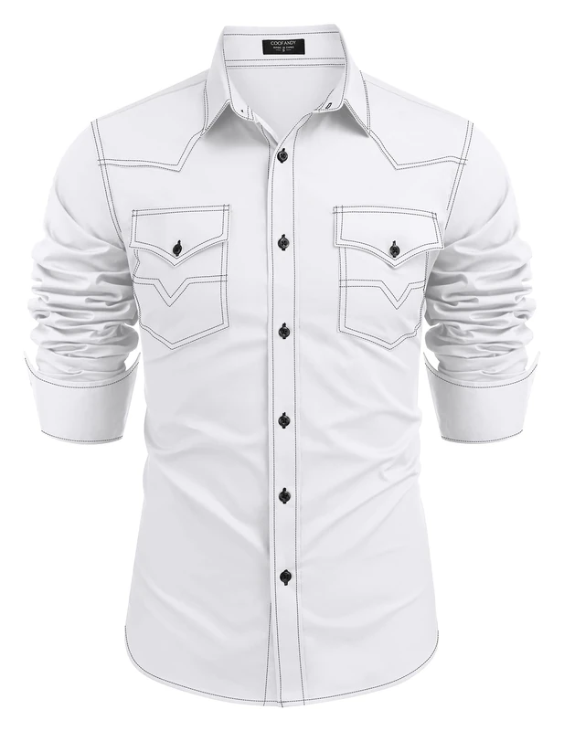 COOFANDY Men's Western Cowboy Shirts Long Sleeve Cotton Casual Button Down Work Shirt with Pockets, White, Large - Image 1