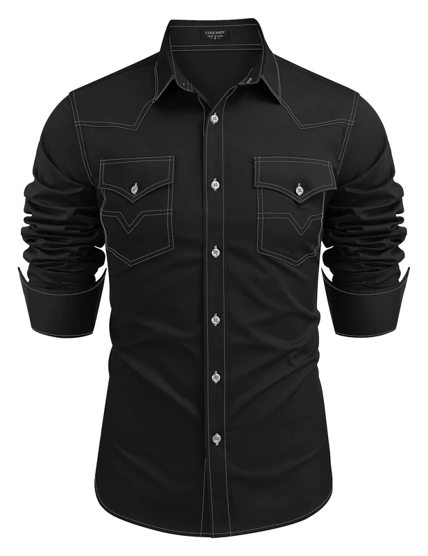 Coofandy Men's Western Cowboy Shirts Long Sleeve Cotton Casual Button Down Work Shirt with Pockets, Black, XXL