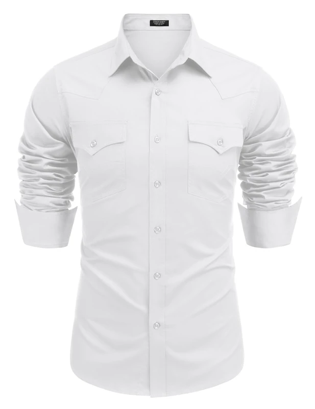 Coofandy Men's Western Cowboy Shirts Long Sleeve Slim Fit Cotton Casual Button Down Work Shirt with Pockets, White, Medium