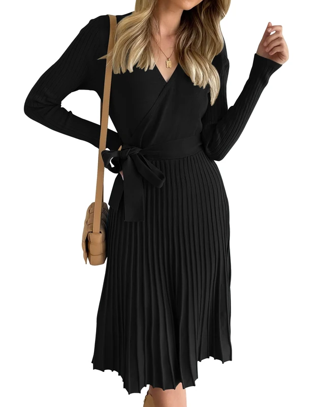 ZESICA Women's 2023 Autumn Long Sleeve Wrap V-Neck Ribbed Knit Pleated A-line Pullover Dress with Belt, Black, S