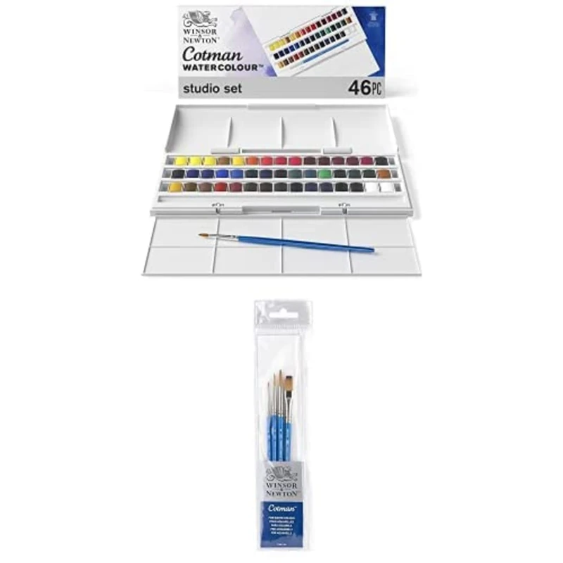 Wüsthof W&N Watercolour Set, Cotman Studio Set 46 pcs + Cotman Watercolour Short Handle Brush Set of 4