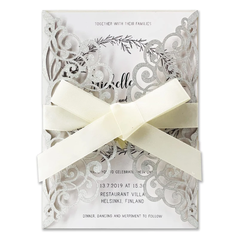 Fashmade 50Pcs Laser Cut Wedding Invitation With Glitter Envelopes And Ribbons Blank Personalized Card Invitaciones Para quinceañera Birthday Baby Shower Christmas Party Bridal Shower (Silver) - Image 1