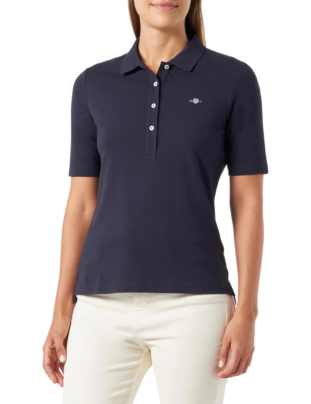 GANT Women's Slim Shield SS Pique Polo Shirt, Evening Blue, L