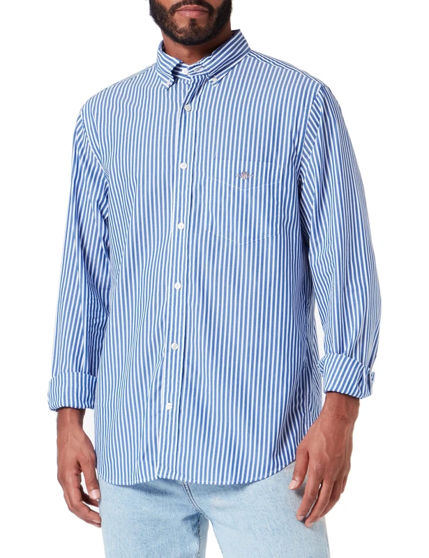 GANT Men's Reg Poplin Stripe Shirt Classic Shirt, College Blue, Standard, College Blue, M