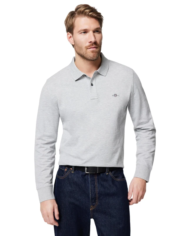 GANT Men's Reg Shield LS Pique Rugger Polo Shirt, Grey Melange, XXXX-Large