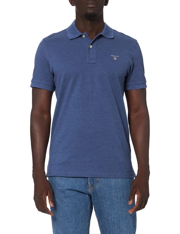 GANT Men's Slim Shield SS Pique Polo Shirt, Dark Denim Blue Melange, XXL
