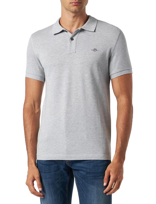 GANT Men's Slim Shield SS Pique Polo Shirt, Grey Melange, L