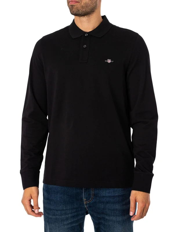 GANT Men's Reg Shield LS Pique Rugger Polo Shirt, Black, 3XL