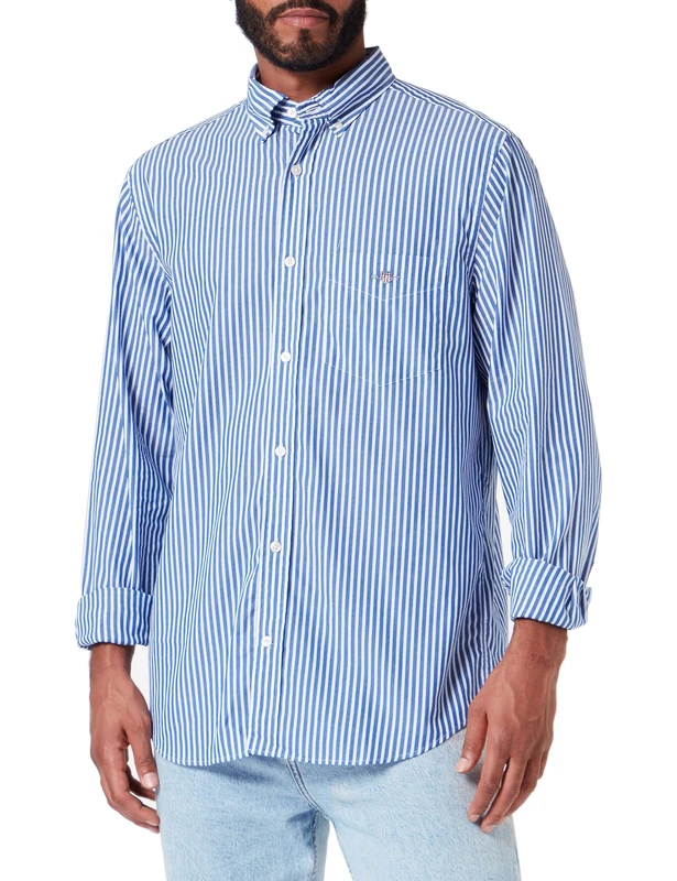 GANT Men's Reg Poplin Stripe Shirt, College Blue, S
