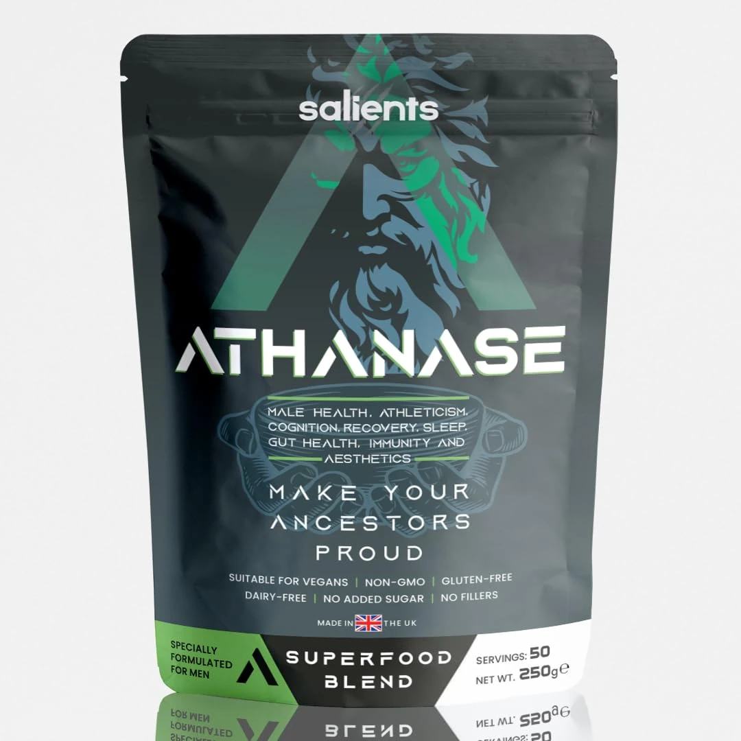 SALIENTS® ATHANASE® | Men's Super Greens Powder | Superfood Powder Blend | Includes Maca Root, Guarana, Ashwagandha, Lions Mane, Shilajit, Fenugreek & More | 250g & 50 Servings | UK