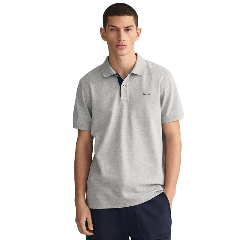 GANT Men's REG Contrast Pique SS Rugger Polo Shirt, Grey Melange, Standard, Grey Melange, S