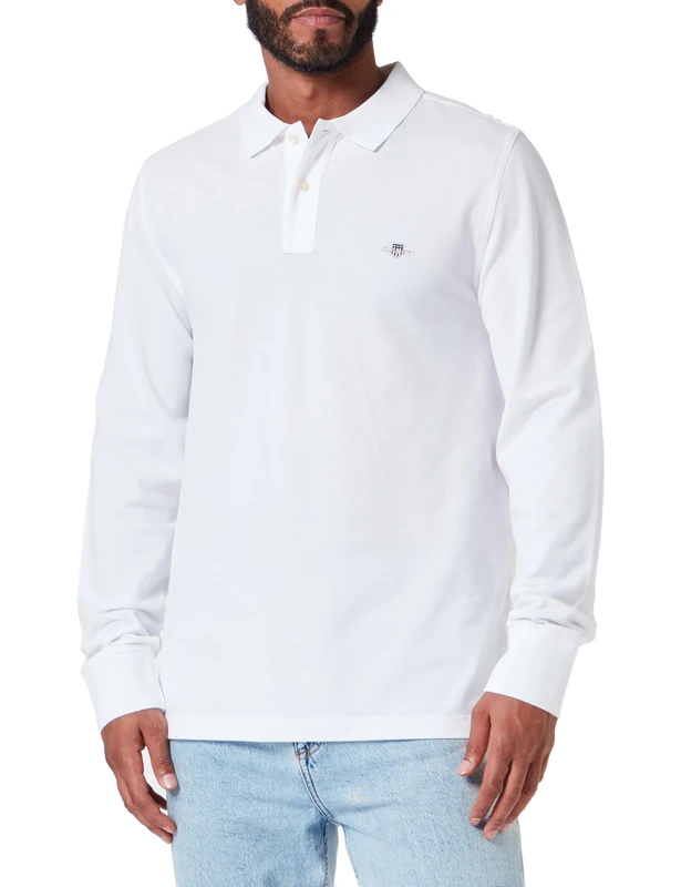 GANT Reg Shield LS Pique Rugger Polo Shirt for Men, White, S